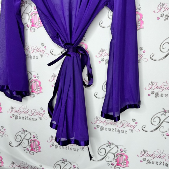 Avidlove robe kimono purple lace detail shiny trim detail mesh royal purple - Picture 7 of 13